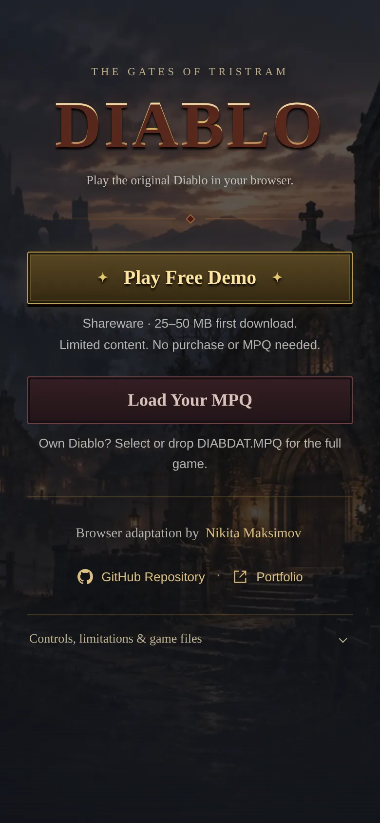 diablo_web의 트리스트람 성문 화면 — 무료 셰어웨어 데모 플레이 버튼과 자기 DIABDAT.MPQ 불러오기 버튼이 나열되어 있다