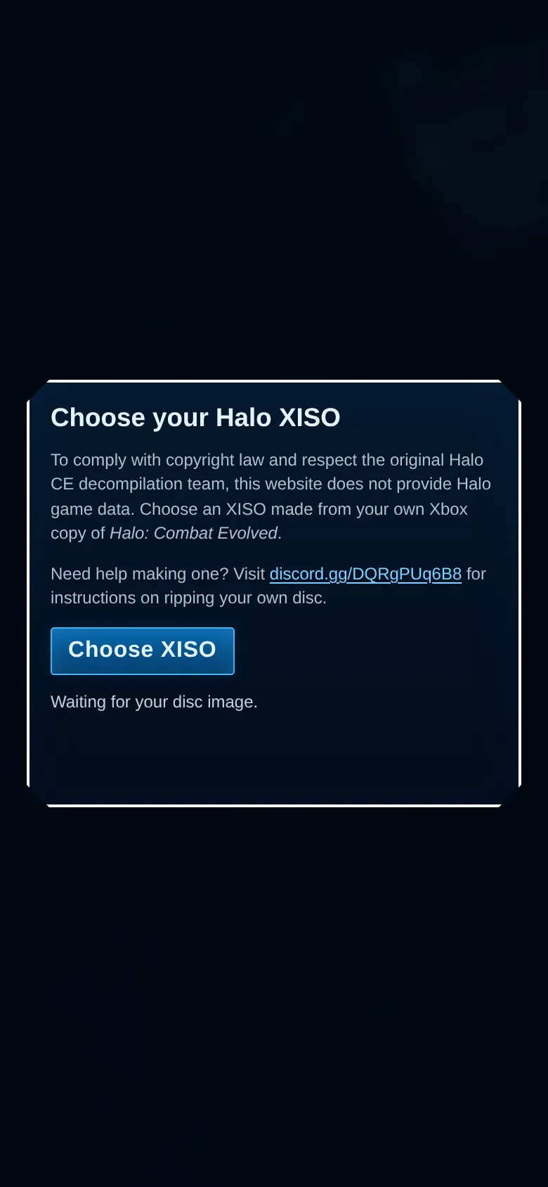 mitchellhynes.com/halo의 첫 화면 — 사이트가 Halo 게임 데이터를 제공하지 않는다고 고지하며 자기 Xbox 사본에서 만든 XISO 디스크 이미지를 선택하라고 안내한다