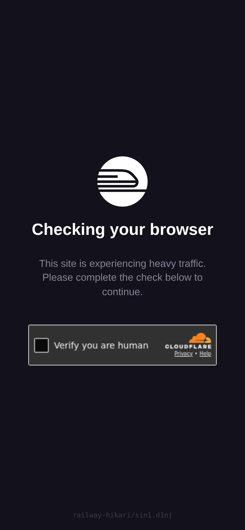 ovz-game-production.up.railway.app의 첫 화면 — ‘Checking your browser’ 안내와 Verify you are human 확인 창이 표시되어 있다