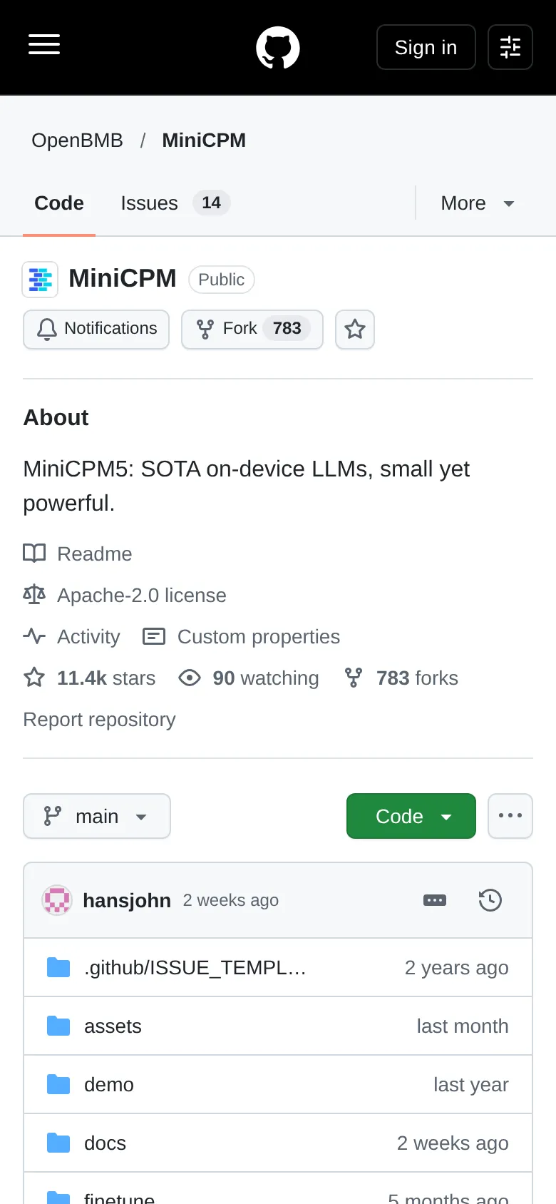 OpenBMB/MiniCPM GitHub 리포 — ‘MiniCPM5: SOTA on-device LLMs, small yet powerful’ 소개와 11.4k 스타가 보인다