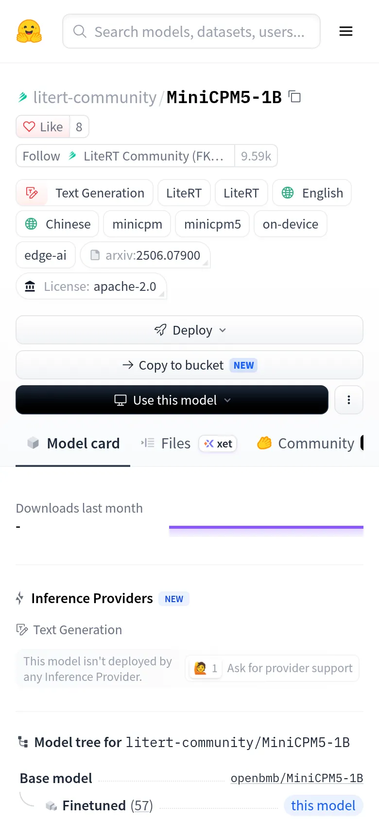 litert-community의 MiniCPM5-1B 리포 — on-device·edge-ai 태그와 베이스 모델 정보가 보인다