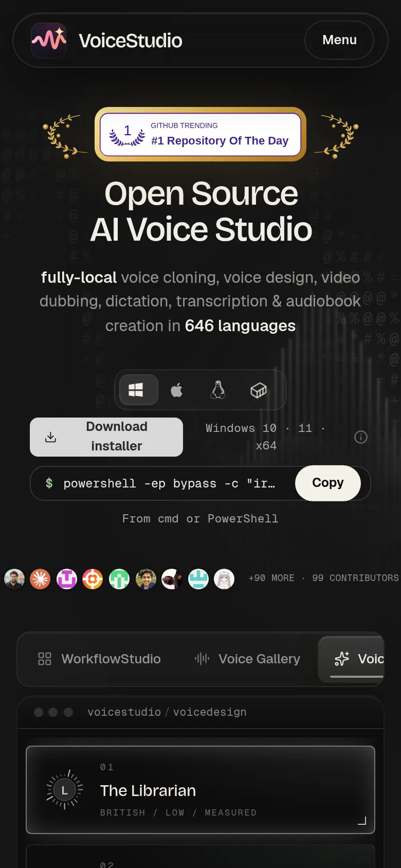 VoiceStudio 공식 사이트 — 완전 로컬 음성 스튜디오 소개와 설치 명령