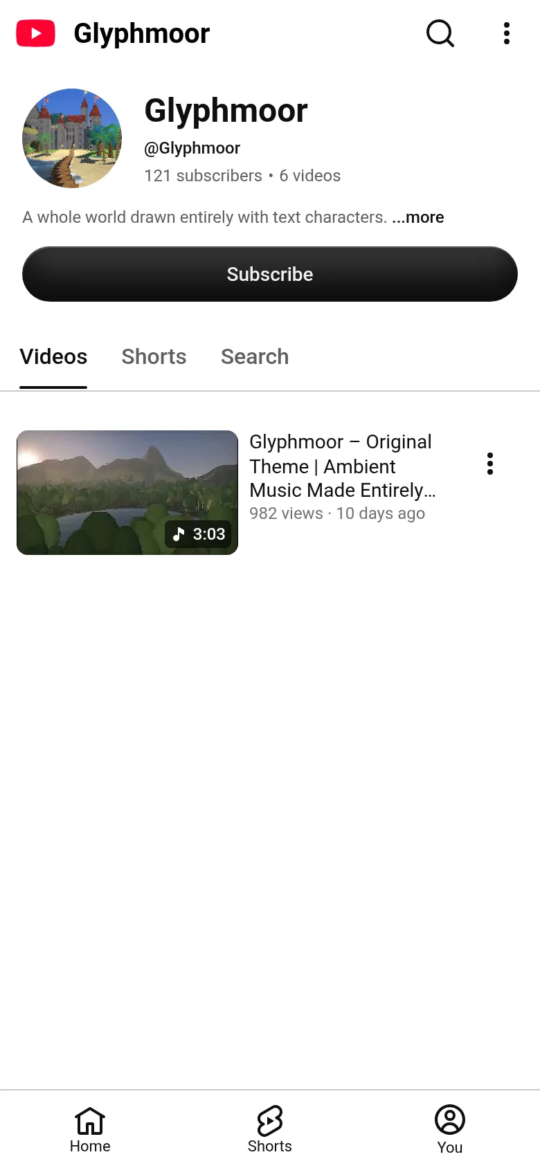 Glyphmoor 공식 유튜브 채널 — 성이 그려진 프로필 아바타와 ’A whole world drawn entirely with text characters’라는 소개문, 최신 영상 목록이 보인다