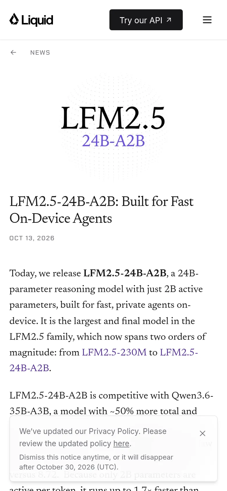 Liquid AI 개발자 블로그의 LFM2.5-24B-A2B 발표 화면