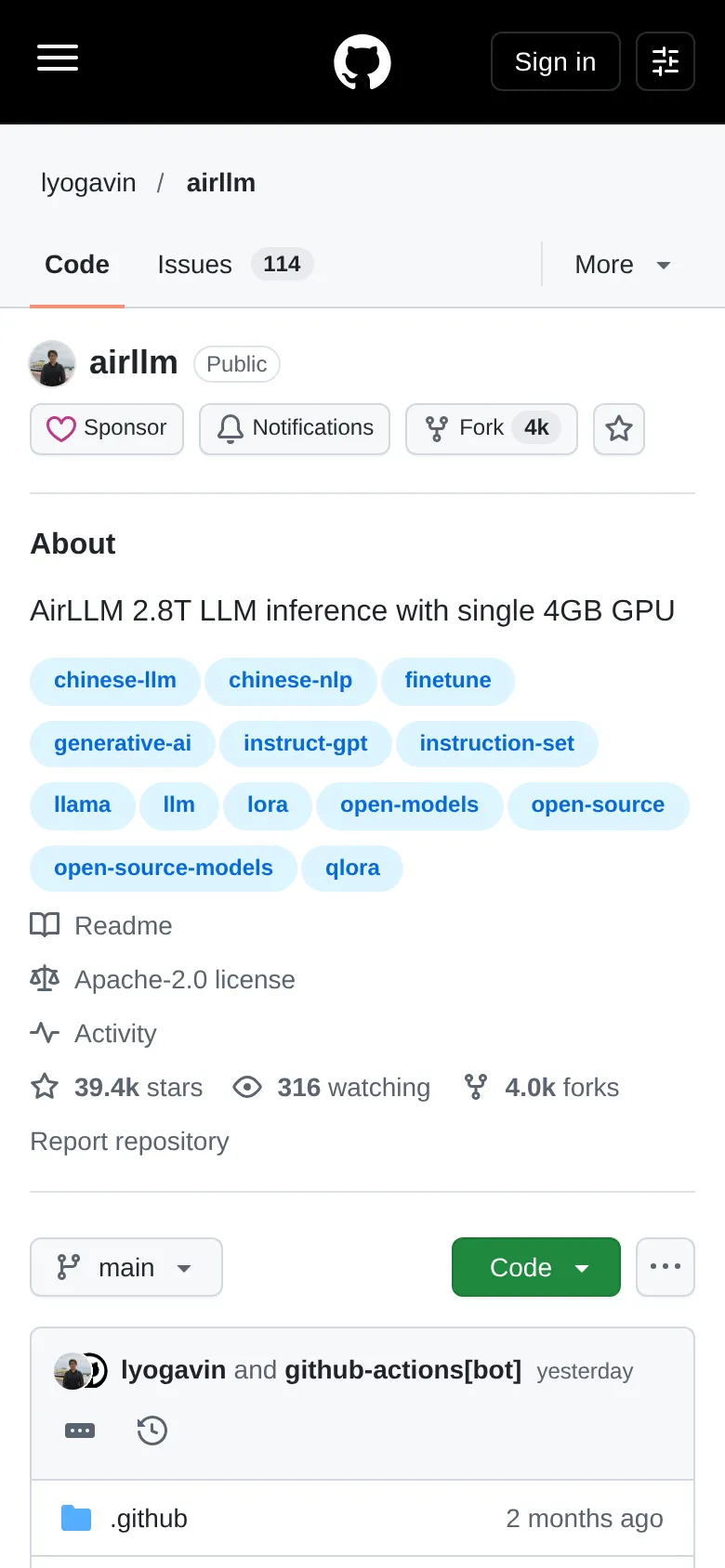 lyogavin/airllm 리포 — ’AirLLM 2.8T LLM inference with single 4GB GPU’라는 소개와 Apache-2.0 라이선스, 39.4k 스타가 보인다