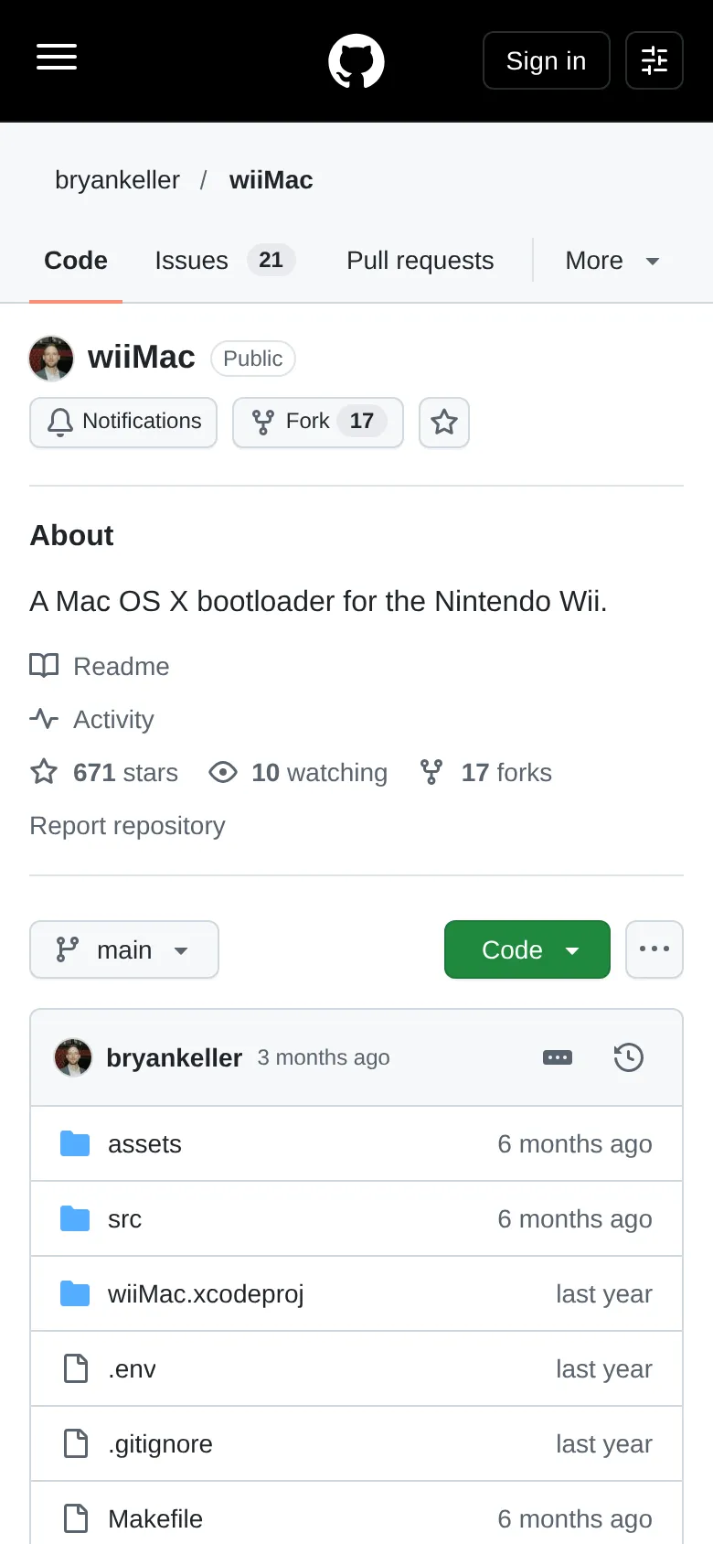 bryankeller/wiiMac 리포 — ’닌텐도 위용 Mac OS X 부트로더’라는 소개와 스타 671개가 보인다