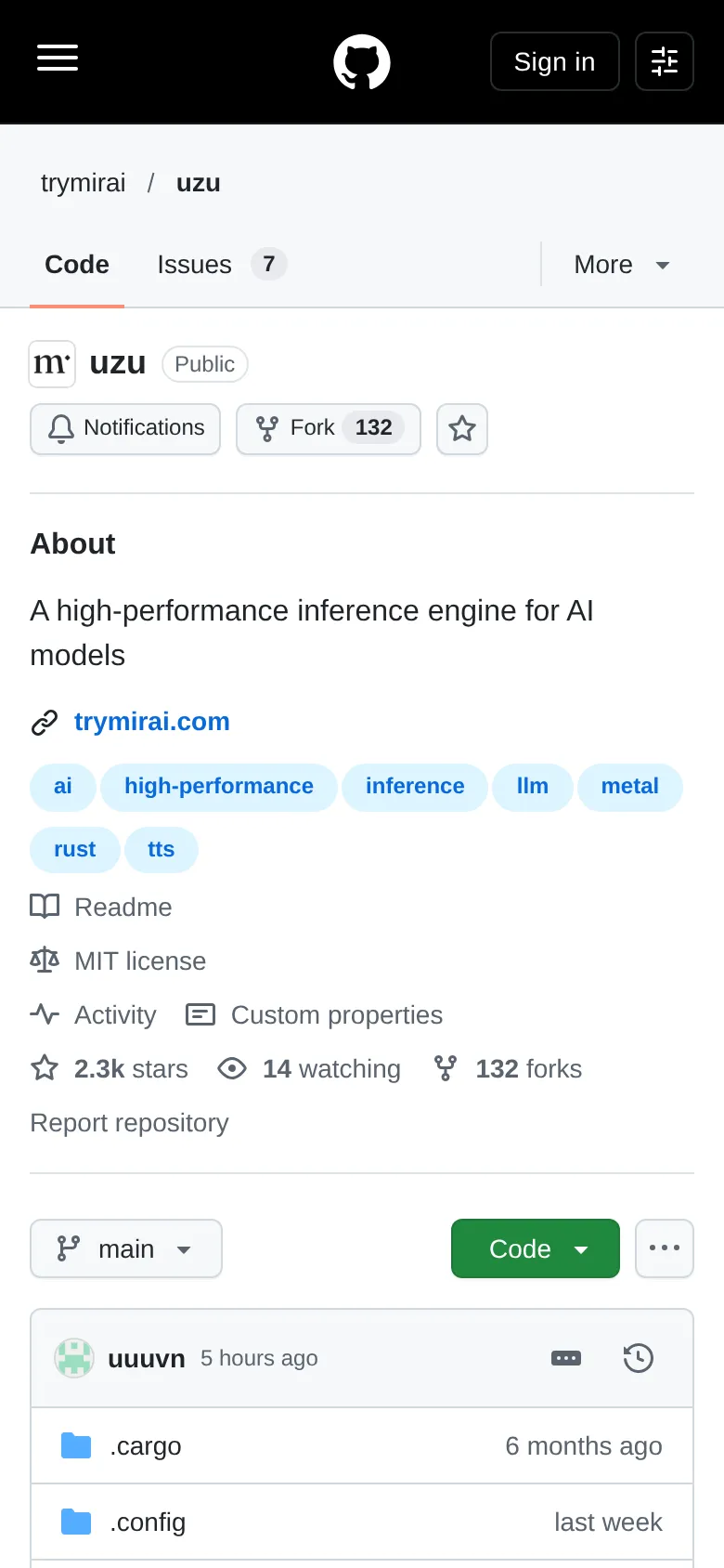 GitHub에서의 trymirai/uzu 리포. ‘A high-performance inference engine for AI models’ 소개와 MIT 라이선스, 2.3천 스타, metal·rust·tts 태그가 보인다.