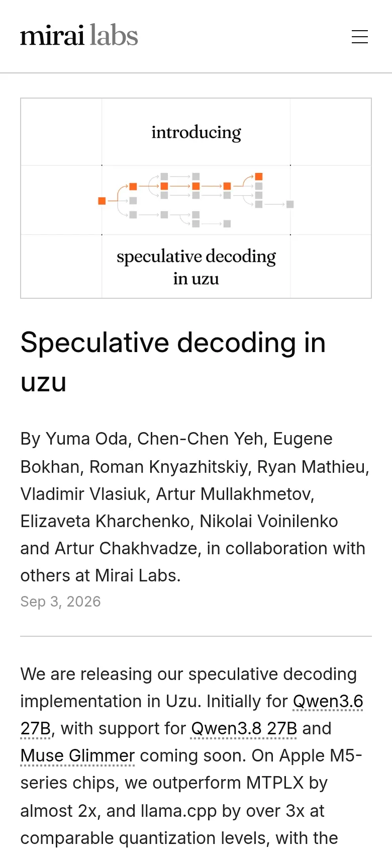 미라이 랩스 기술 블로그의 ‘Speculative decoding in Uzu’ 소개 화면. 트리 노드 중 승인 경로가 주황색으로 표시된 그래픽과 함께 M5 계열에서 MTPLX 대비 2배, llama.cpp 대비 3배 이상 성능을 언급한다.
